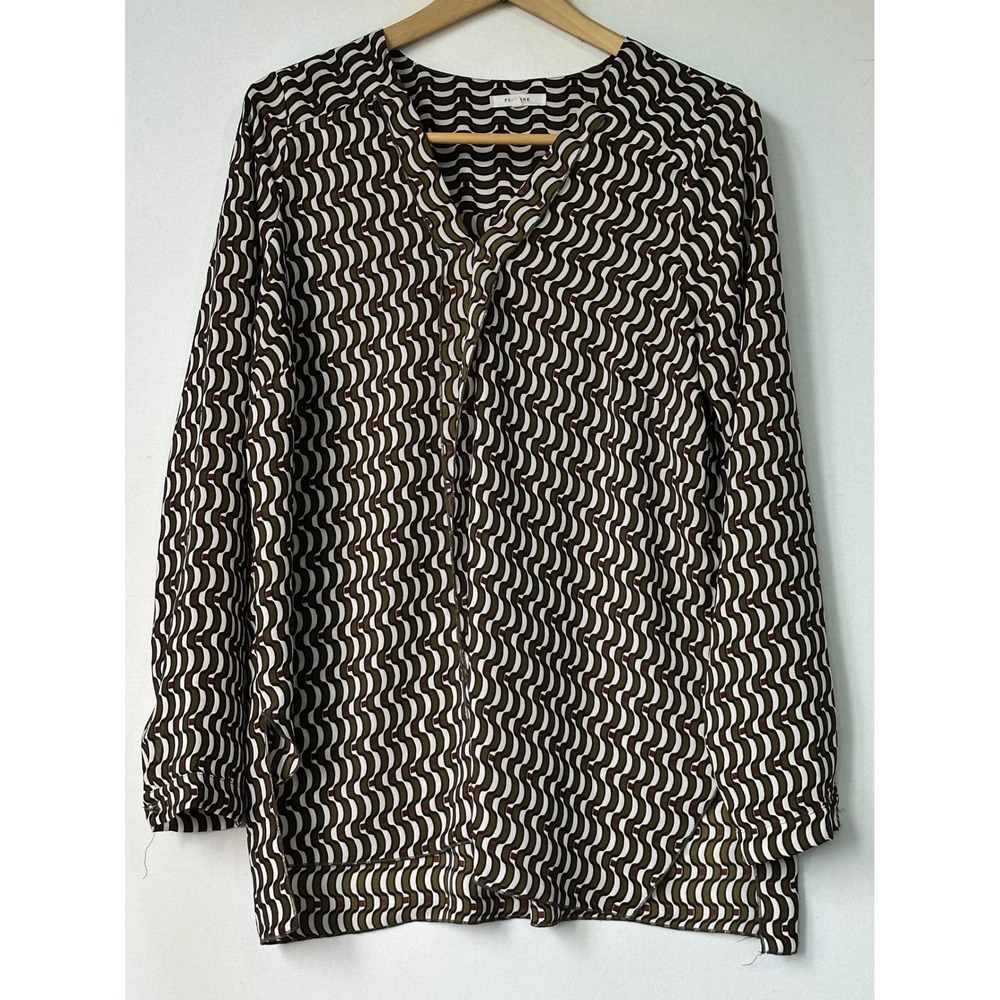 Pleione Blouse Geometric Wave Print Womens Medium Green Business Office